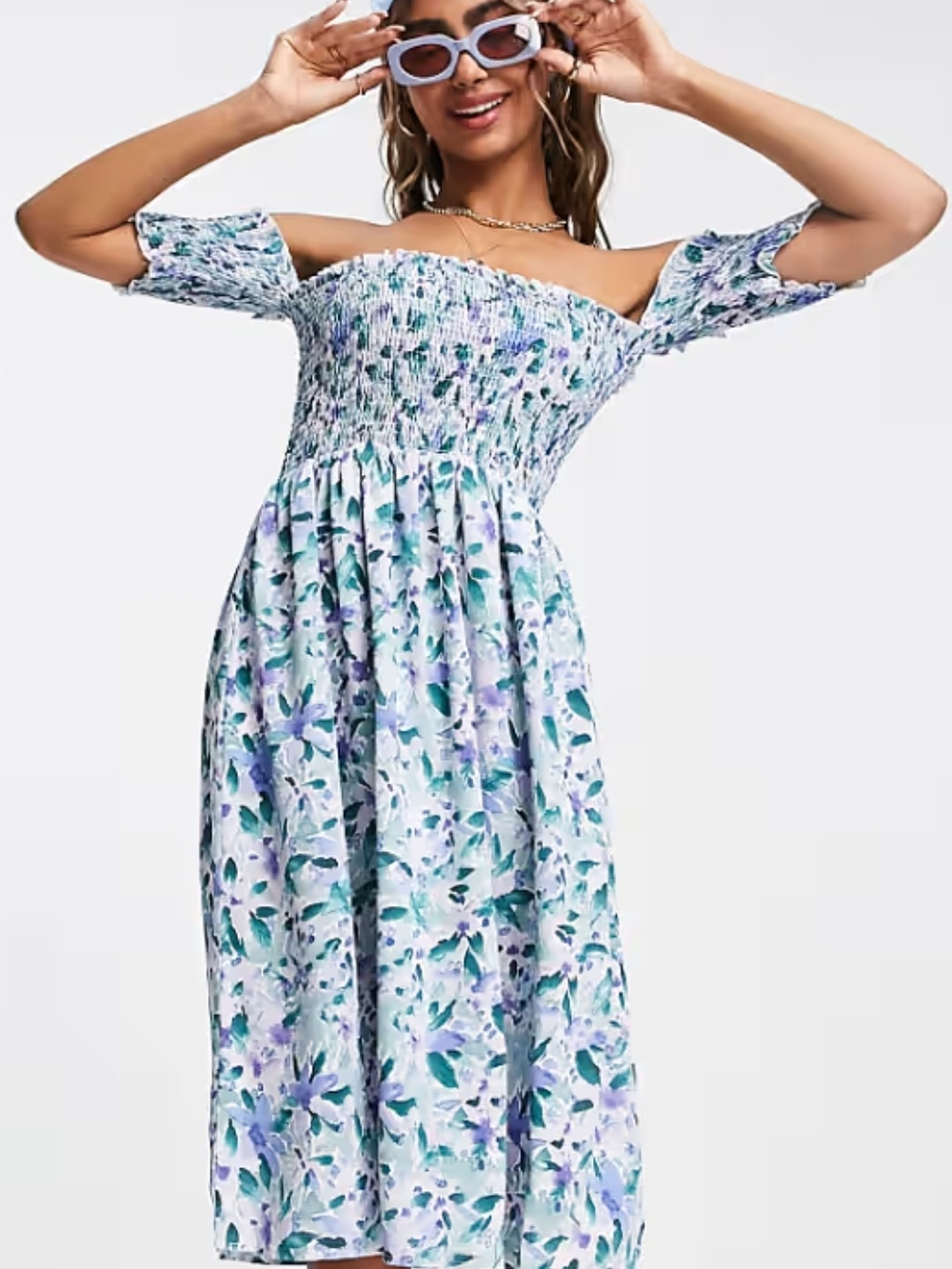 QED London Off-Shoulder Floral Midi Dress in Light Blue and Lavender